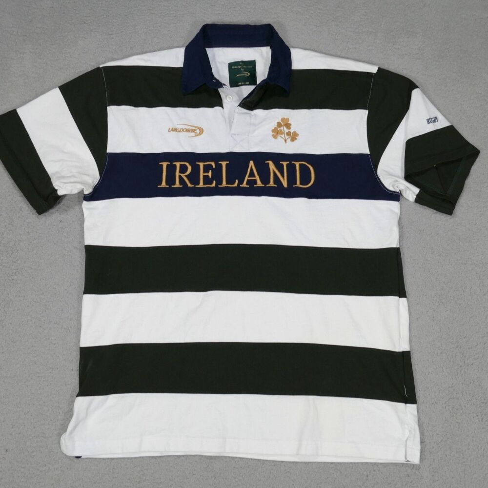 Lansdowne Heritage Collection IRELAND Rugby Polo Shirt Men XL Green Blue Stripes